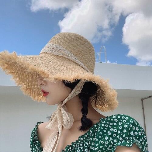 Handmade Women Straw Sun Hats Large Wide Brim Gilrs High Quality Natural Raffia Panama Beach Straw Sun Caps For Holiday Vacation