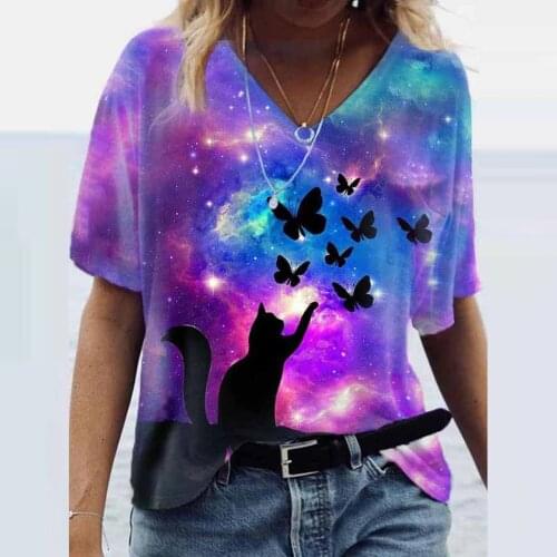 Summer Starry Sky Cat Butterfly Tshirt Plus Size Women T-shirts Short Sleeve 3D Animal Print Tops Tee T-Shirt футболка оверсай