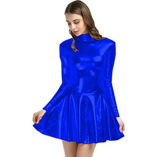 Long Sleeve A-Line Dress for Women Shiny Metallic Lady Mini Dress Turtleneck Pleated Dresses Sexy Party Cocktail Clubwear