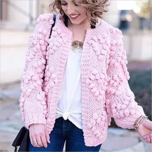 Retro Knitted Cardigan 3D Yarn Balls Long-sleeved V-Neck Flowers Sweater Geometric Patterns Open Stitch Jacket Coat Tops Outwear