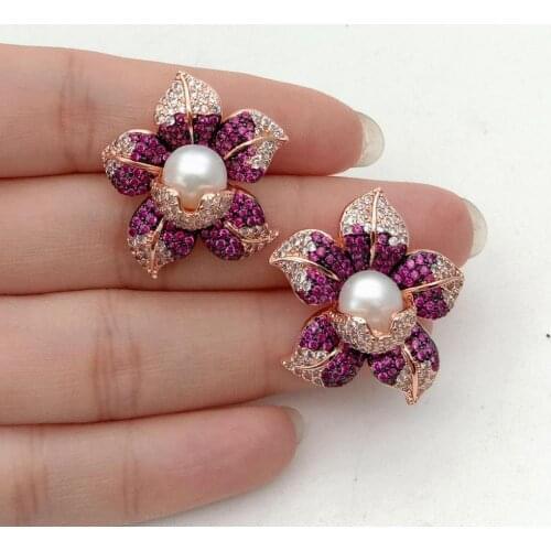 YYGEM Rose Gold color Plated Cz Flower Stud Earrings CZ micro Pave Pearl Earrings White freshwater Pearl cute for women