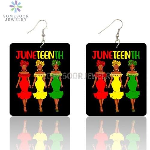 SOMESOOR Afro Headwrap Sisters Juneteenth Wooden Drop Earrings Black Roots Art Printed Ear Loops Dangle Jewelry For Women Gifts