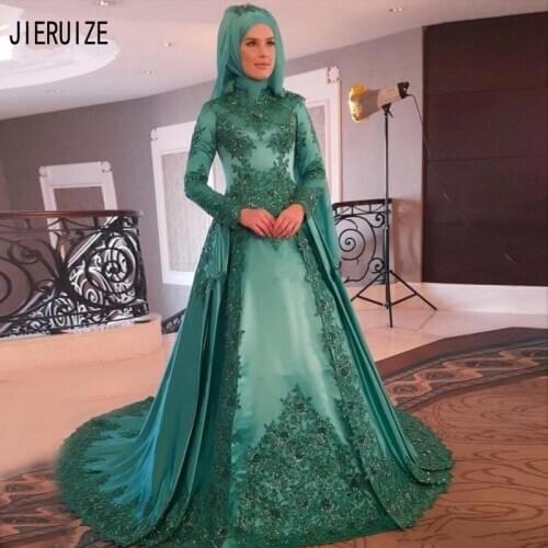 JIERUIZE Luxury Green Muslim Wedding Dresses Long Sleeves High Neck Lace Appliques Arabic Satin Wedding Gowns vestido de noiva