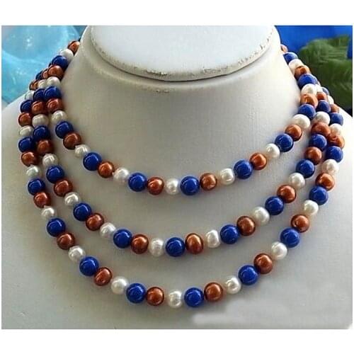 Unique Pearls jewellery Store 50'' 8mm Round Coffee White Freshwater Pearl Blue Lapis Necklace Fine Jewelry Women Gift