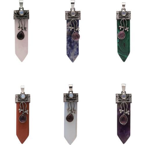 Vintage Silver Plated Healing Arrow Pendulum Natural Crystal Opal Lapis Onyx Rose Pink Quartz Stone Pendant Fashion Jewelry