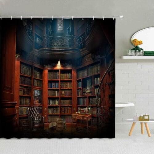 Vintage Library Shower Curtains Retro Bookshelf Books Fabric Bathroom Supplies Home Decor With Hooks Cloth Curtain 3D Printing