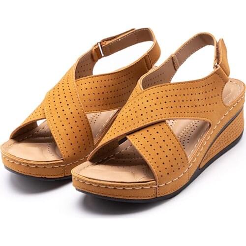 2021 Summer New Style Womens Pu Leather Wedges Heel Fashion Sandals Hollow Platform Sandalis Mujer Piel Large Size 43 Shoes