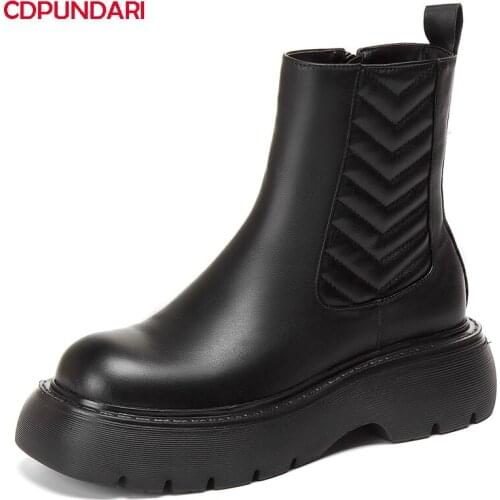 Ladies Black Genuine Leather Flat Platform Ankle Boots For Women Autumn Winter Chelsea Short Boots Shoes Bottes Plateforme Femme