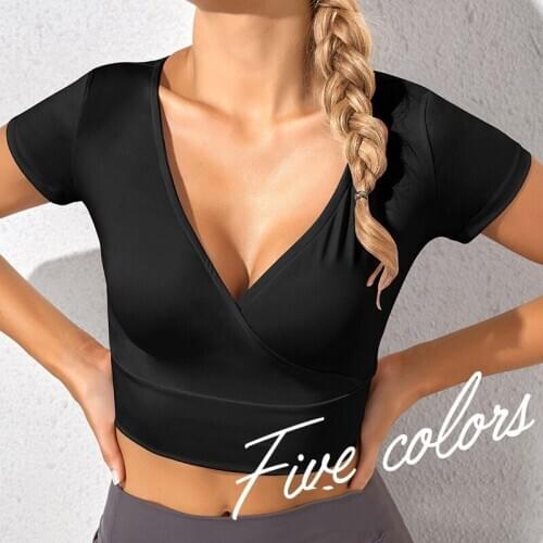 Women Yoga Tops Running Shirts Sexy Exposed Navel Yoga T-shirts Solid Sports Shirts Quick Dry Fitness Gym Crop Tops