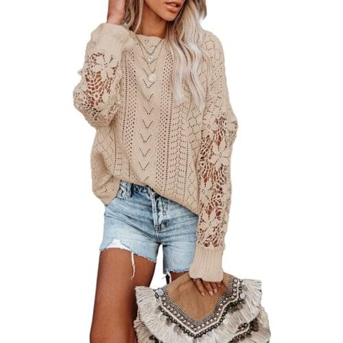 Fashion Women Lace Stitching Long Sleeve Hollow Knitted Sweater Pullover Spring Autumn Sexy Knitwear Short Coat Top New Clothing