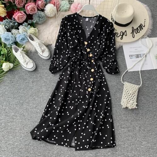 2020 Summer New Vintage V Neck Polka Dot Print Dress Women Elegant A Line Midi Dress Korean Fashion Party Dresses Vestido P393
