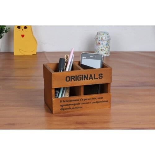 2016 Vintage Office School Wood Double lattice Pen/Pencil Wooden Stationery Remote control storage Box New Desktop Home