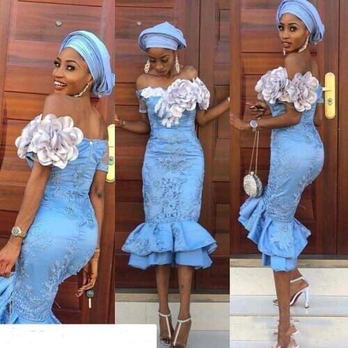 2020 South African Short Mermaid Prom Dresses with Handmade Flowers Off Shoulder Evening Party Gowns Tea Length Cheap Bride Dres