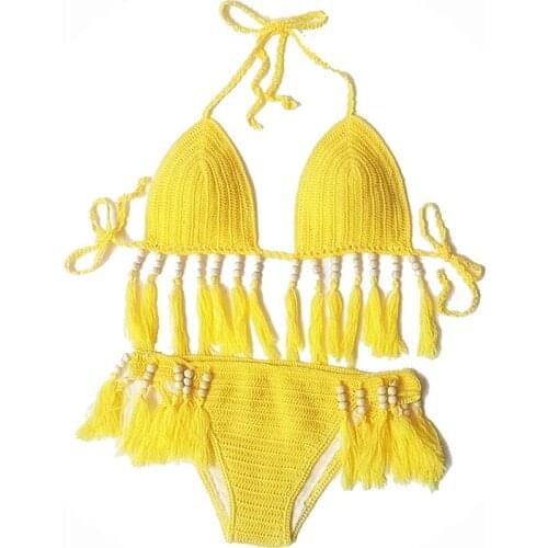 2021 New Bikini Sexy Swimwear Chinese Style Ladies Split Swimsuit Crochet Tassel Sexy 2 Piece Set Women Bathing Suit Women