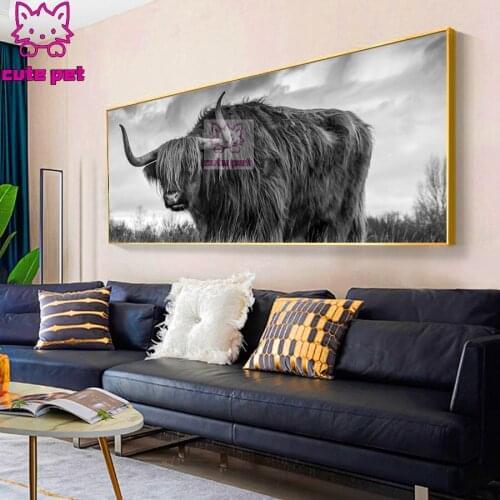 5D Diamond Painting Black and white animal highland cattle Diy diamond mosaic Full Square Diamond Rhinestones Handicraft large