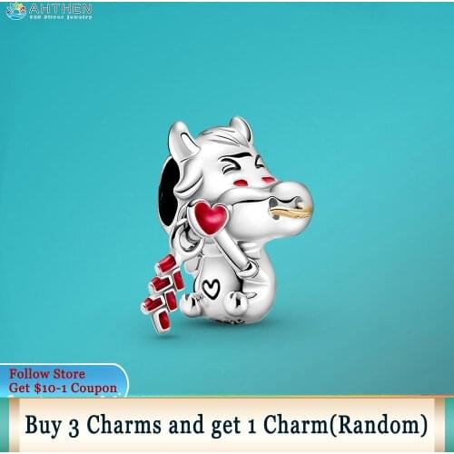 Ahthen 925 Sterling Silver Beads Cute Ox Charm fit Original Pandora Bracelets for Women Jewelry Making Birthday Gift