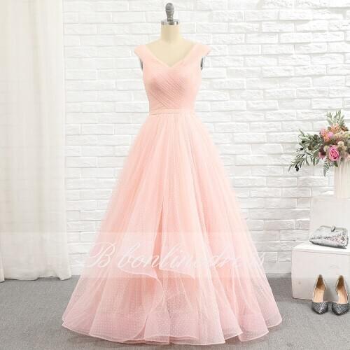 Bbonlinedress Blush Tulle Prom Dress A Line Sleeveless Pleat Long Party Dresses Formal Gowns vestido de festa longo