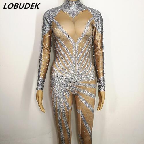 Sparkly Crystals Jumpsuit Female stage costumes Bling Rhinestones Elastic jumpsuit Rompers Bar DJ Singer Party Stage Dance wear