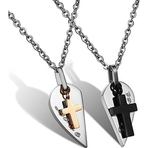 Christian Jesus Cross with Half Heart Pendant Necklace Stainless Steel Puzzle Crucifix Collares For Couple Love Gift