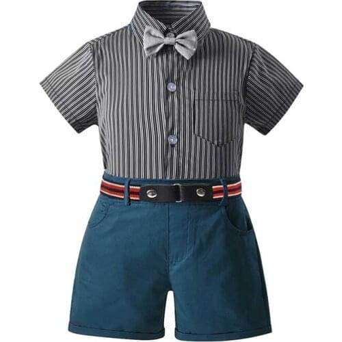 Kids Clothes Sets Boys Bow Stripe Short-Sleeved Shirt +Belt Shorts Suit Summer New Toddler Childrens Gentleman Clothing 3Pcs