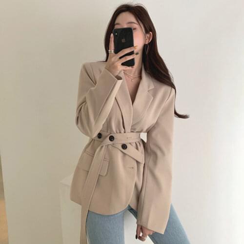 Korean Blazers Women Chic French Elegant Lapel Design Slim Sash Waist Oversize Blazer Long-sleeved Short Jacket Bleizer De Mujer