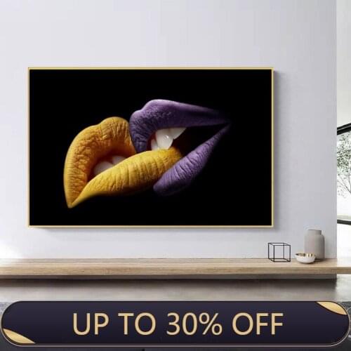 Creative yellow and purple lips canvas mural art decoration fashion love kiss poster living room decoration canvas paintingr