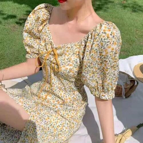 Summer Dress Women Square Neck Floral Print Puff Short Sleeve Split Midi Dress Streetwear for Party Sexy Vestidos Sundress S-2XL