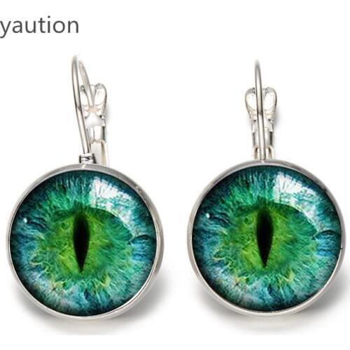 Hot! Green Cat Eye Earring Handmade Vintage Big Round Circle Statement Earrings Clear Glass Leverback Ear Drop Jewelry