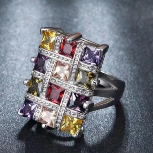 Milangirl Boutique Women Silver Color Colorful Geometric Rings Square Big Cubic Zircon Romantic Promise Engagement Jewelry