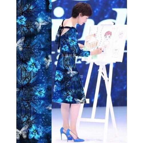 New Women Dresses Super High-end Computer Digital flowers blue Heavy Sattin 96% Natural Silk Fabric Woven Tissu Wholesale Retail