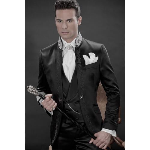 New Arrival Embroidery Groomsmen Mandarin Lapel Groom Tuxedos Men Suits Wedding/Prom Best Man Blazer ( Jacket+Pants+Vest+Tie)A54