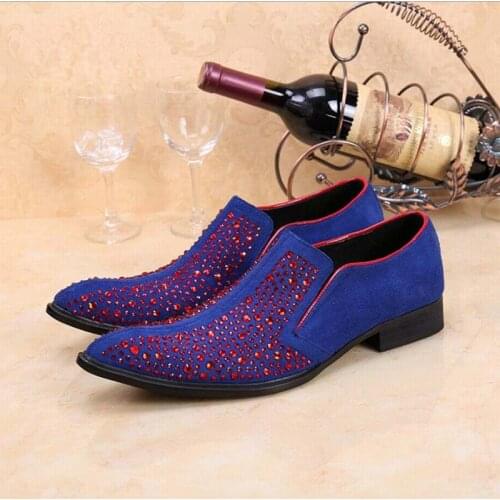 New Handmade red rhinestone suede loafers Luxury party wedding dress men shoes flats nightclub bar work shoe pointed toe fashion
