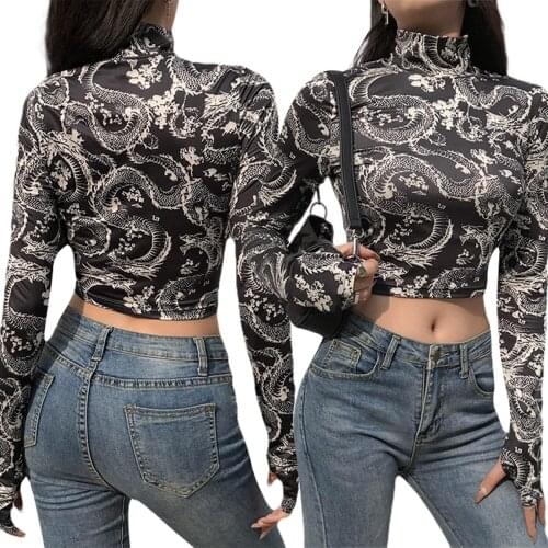Hirigin New Womens Dragon Printed Thin Crop Tops Long Sleeve High Collar Short Slim Base T-shirt for Spring and Autumn
