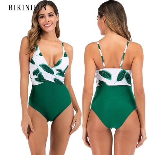 2020 New Green Leaves Swimsuit Women Cross Chest Monokini Plus Size Swimwear S-2XL Girl Backless Bathing Suit One Piece Suit