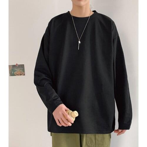 Black White Solid Color Long Sleeve Top 2021 Fashion Casual Loose Soft Mens Clothing One Piece Korean Oversized O-Neck T Shirt