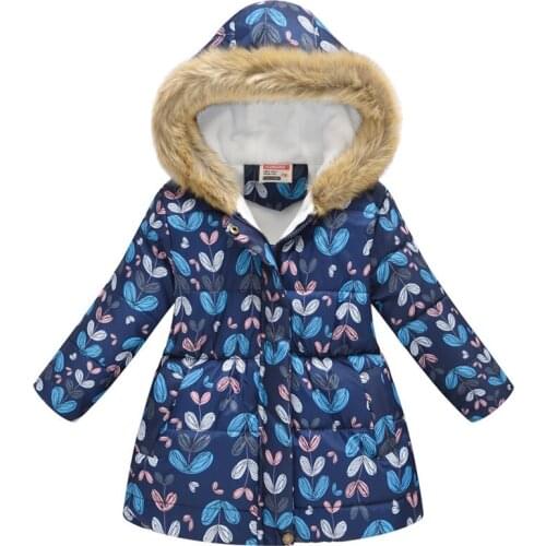 Thick Warm Coats Baby Girls Winter Flower Print Hooded Jacket Childrens Fashion Clothing Boys Long Fur Collar Outwear Down