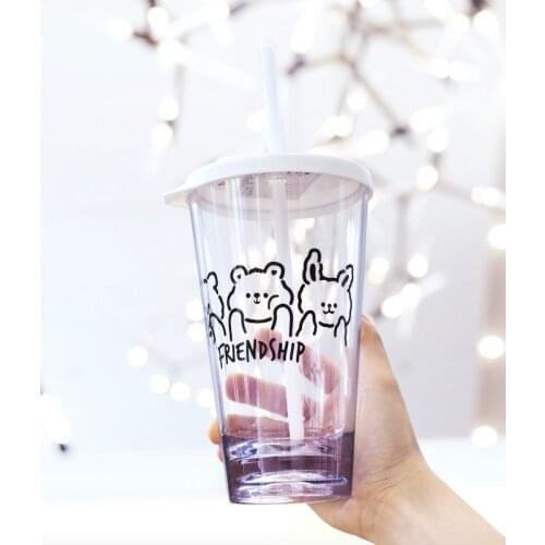 Portable Lovely Cartoon Mug Creative Double Layer Plastic Water Bottle With Straw Yogurt Mug Best Cup Kid Gift For Women Lovers