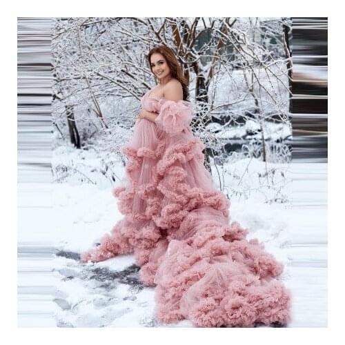 Luxury Pink Tulle Maternity Dresses For Photo Shoot Cap Sleeves Ruffles Pleated Long Train Bridal Pregnancy Gowns Plus Size