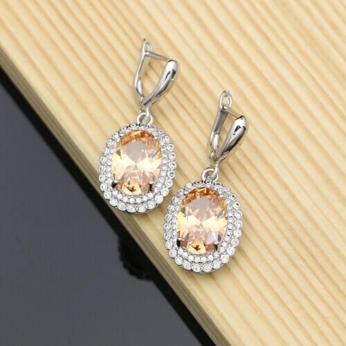 925 Sterling Silver Earrings Champagne Stone And White CZ For Bridal Decoration Earrings Set Dropshipping