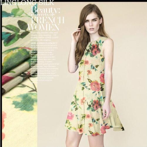 SILK LINEN FABRIC 14m/m Width 55"-140cm30%Natural Silk+70%Linen Dress Fabric Pattern Patchwork Fabric Floral Printed Yellow