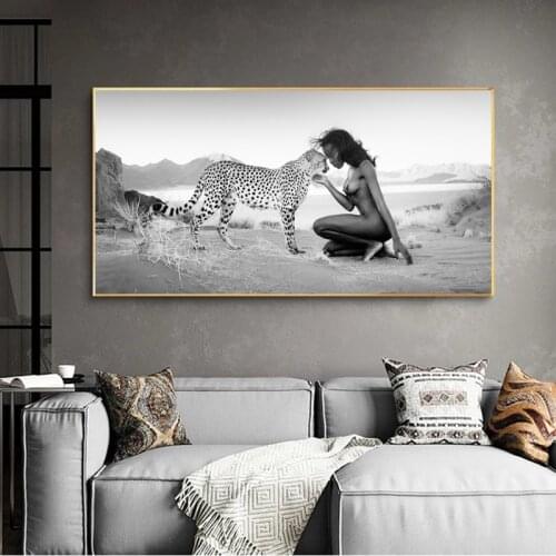 Snow Leopard and Nude Women Canvas Painting Black White Natural Landscape Posters and Prints Wall Pictures for Living Room Decor