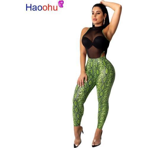 HAOOHU Sexy Matching Sets Mesh Sheer Bodycon Bodysuit + Snake Print Pants Set Women Festival Clothing Club Outfits Streetwear