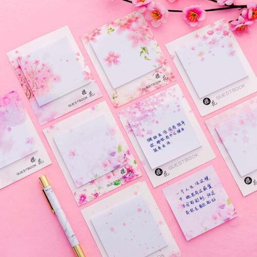 Cute Pink Cherry Blossom Notes Kawaii Fresh Sakura Natural Memo Pad Sticky Notes Cute Decor Label Message School Office Supplies