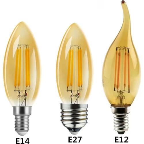 10PCS LED Edison Filament Candle Light Golden C35 4W 6W Dimmable E14 E27 220V 110V Base Flame Shape Bent Tip 25W Incandescent