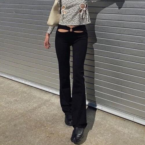 Harajuku Women Pants Streetwear 2021 Trend Summer Hollow Low Waist Y2K Pants Chic Flare Pants Skinny Elastic Long Trousers