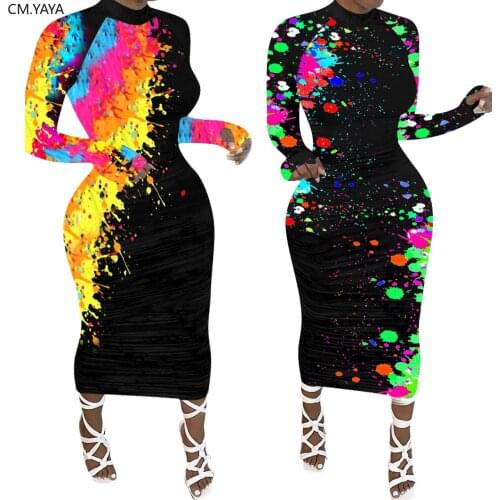CM.YAYA Women Colorful Painting Print Bodycon Midi Long Dress Office Lady Club Night Sexy Party Maxi Bandage Dresses Vestidos