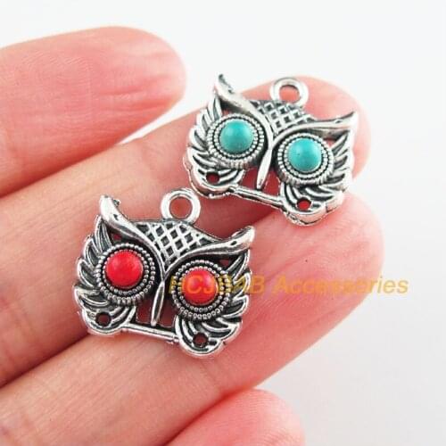 10 New Animal Charms Tibetan Silver Tone Red & Blue Stone Owl Head Pendants 13.5x15mm