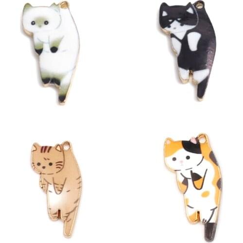 Fashion Gold Color Metal Charms Kawaii Cat Animal Multicolor Enamel DIY Making Necklace Bracelet Jewelry 25mm x 13mm, 10PCs