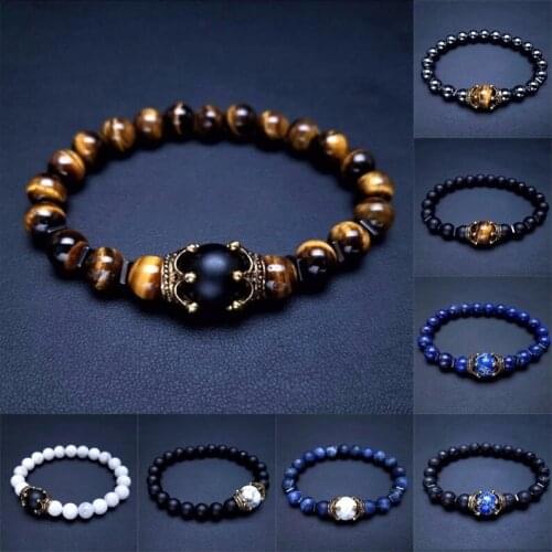 Natural Tigers Eye Crown Shaped Bead Bracelet Mens Luxury Jewelry Gift Charm Chain Bracelet Brings Good Luck