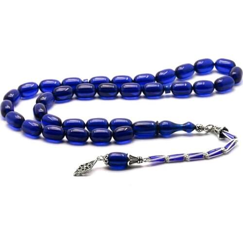 Rosary with 925 Sterling Silver Tassel and Capsule Shaped Blue Amber Stone Natural Stone Beads Prayer Islamic Muslim Tasbih